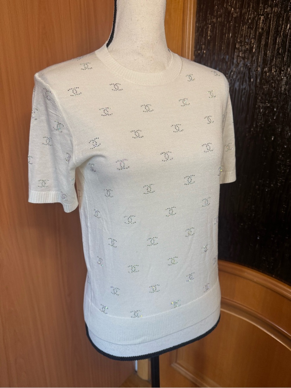 CHANEL Cream Short Sleeve Knit Top with Subtle Swarovski CC Eyelet Motif Sz M